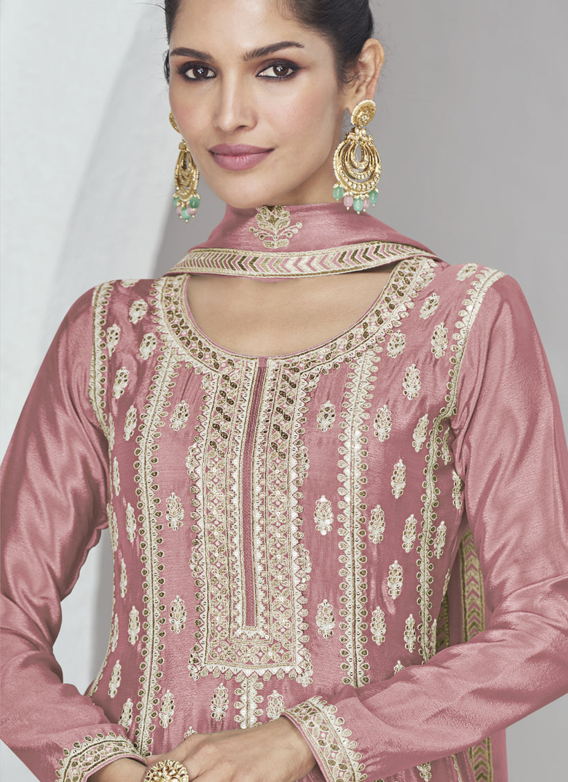 Coral Pink Chinnon Silk Embroidered Palazzo Suit