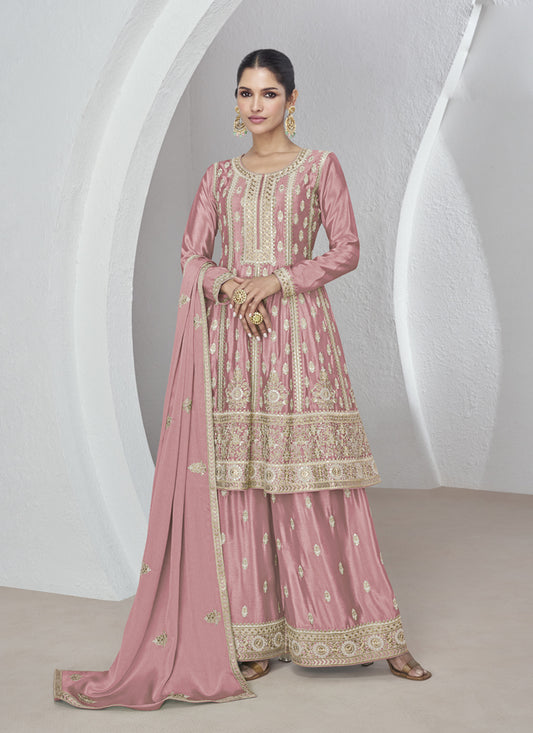 Coral Pink Chinnon Silk Embroidered Palazzo Suit