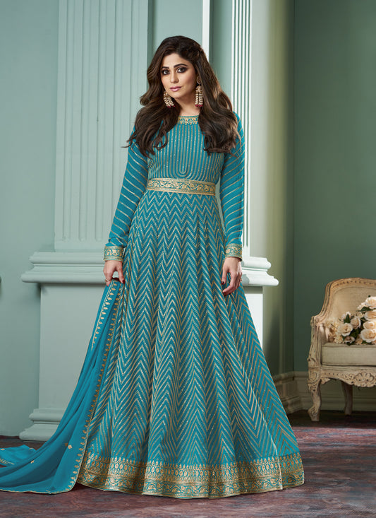 Shamita Shetty Azure Blue Georgette Anarkali Gown with Dupatta