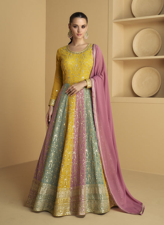 Multicolor Georgette Embroidered Anarkali Gown with Dupatta
