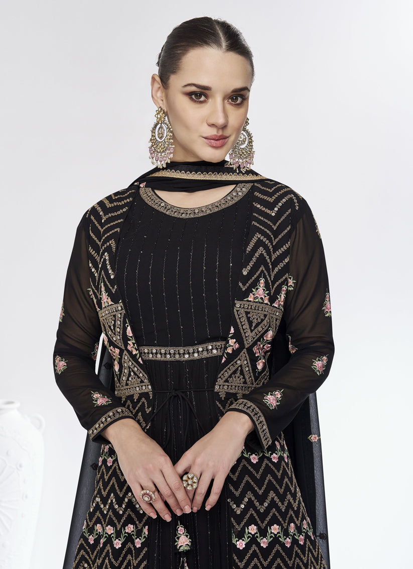 Black Georgette Embroidered Designer Anarkali Suit
