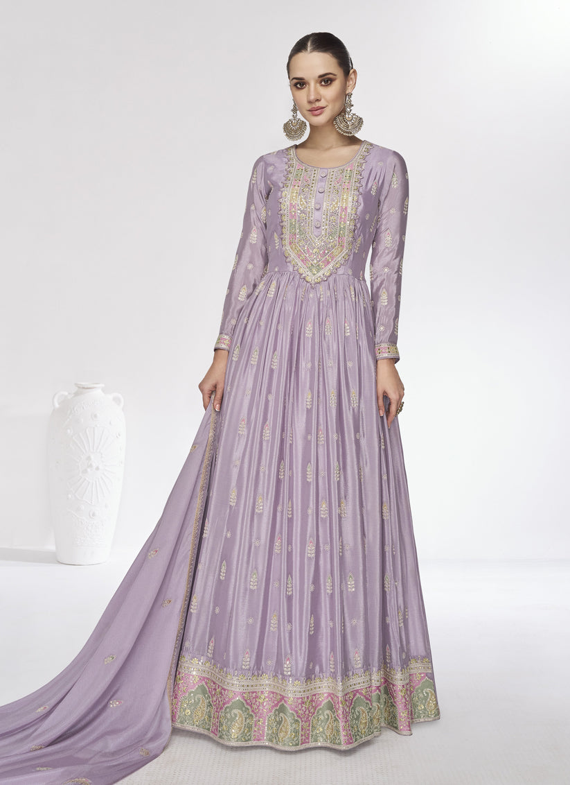 Lilac Chinnon Embroidered Designer Anarkali Suit