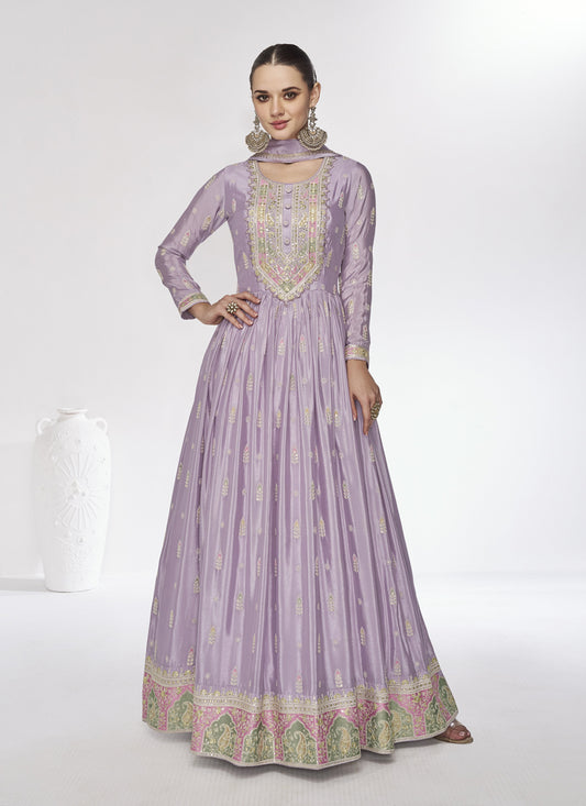 Lilac Chinnon Embroidered Designer Anarkali Suit