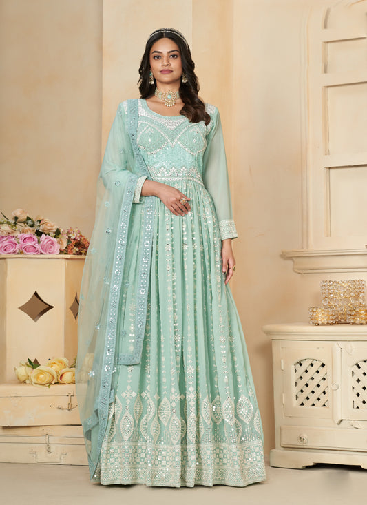 Mint Blue Faux Georgette Embroidered Anarkali Gown with Dupatta