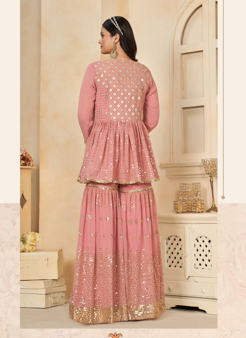 Coral Pink Faux Georgette Embroidered IndoWestern