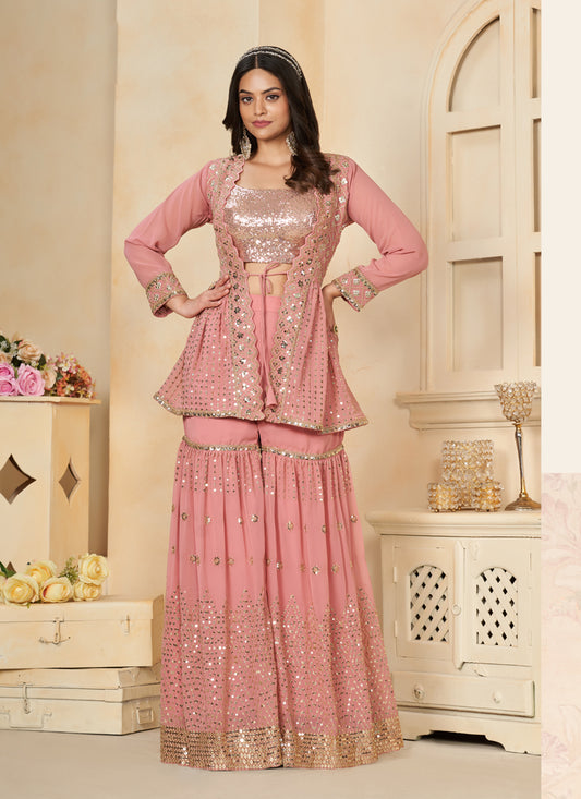 Coral Pink Faux Georgette Embroidered IndoWestern
