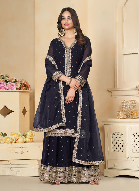 Midnight Blue Faux Georgette Readymade Palazzo Kameez
