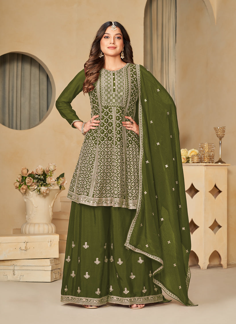 Olive Green Chinnon Embroidered Palazzo Kameez