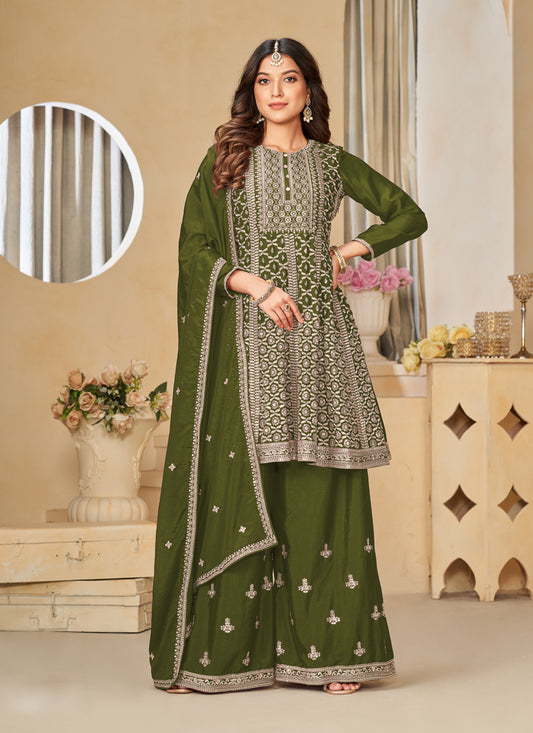 Olive Green Chinnon Embroidered Palazzo Kameez