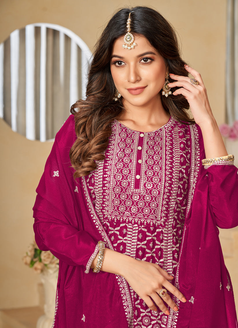 Raspberry Pink Chinnon Embroidered Palazzo Kameez