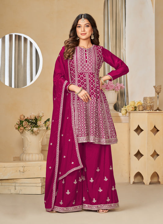 Raspberry Pink Chinnon Embroidered Palazzo Kameez