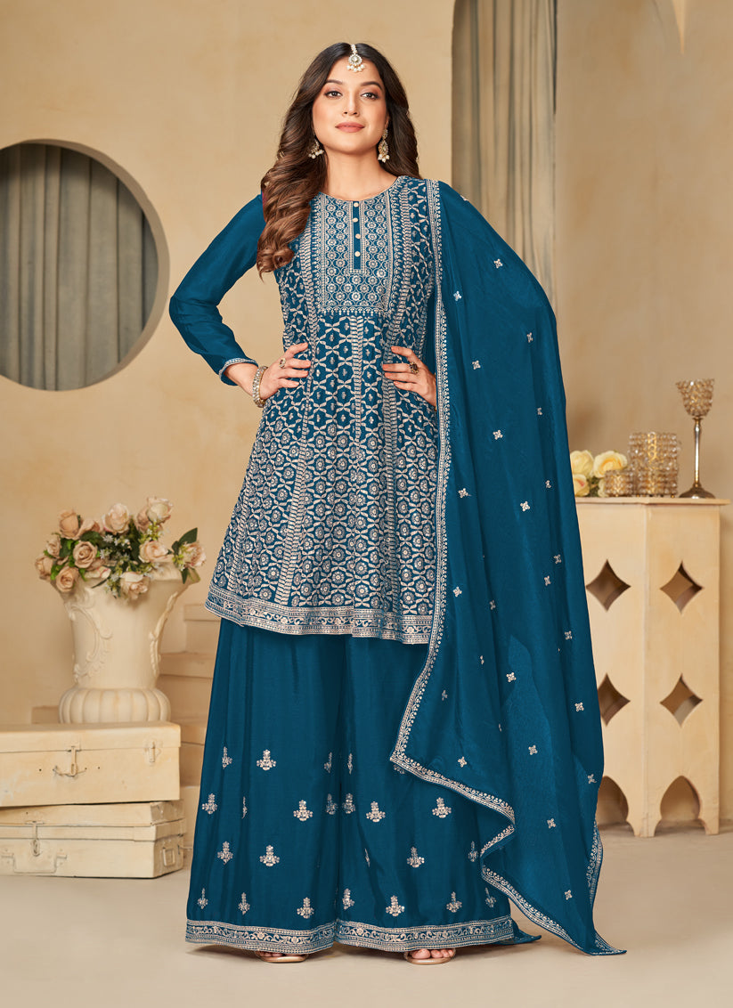 Peacock Blue Chinnon Embroidered Palazzo Kameez