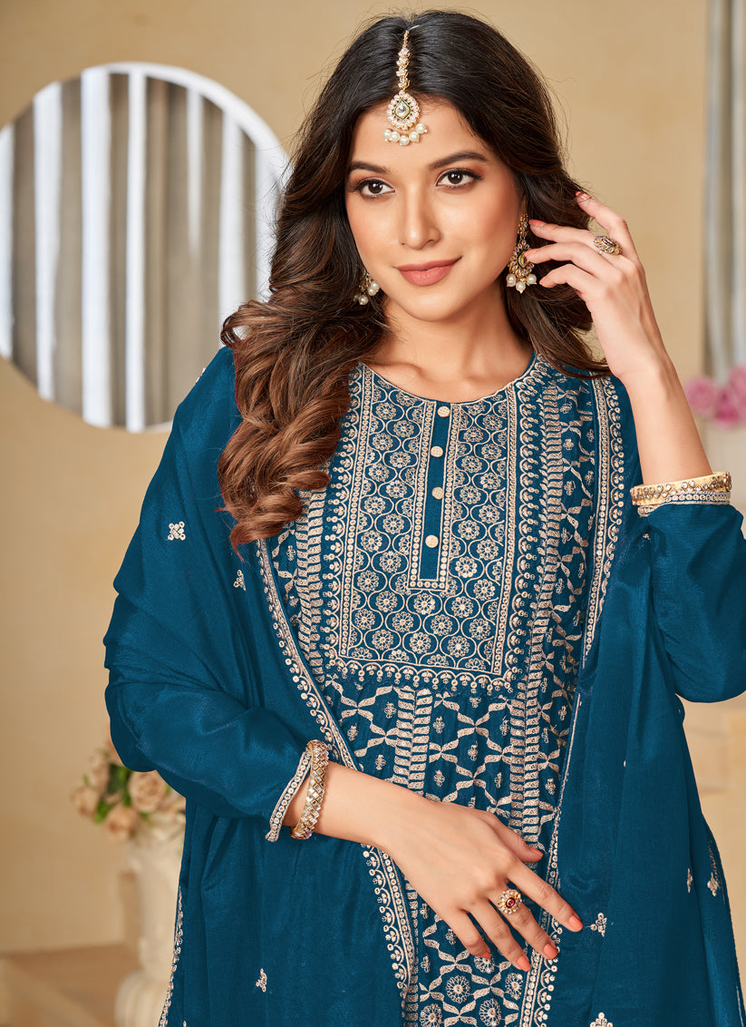 Peacock Blue Chinnon Embroidered Palazzo Kameez