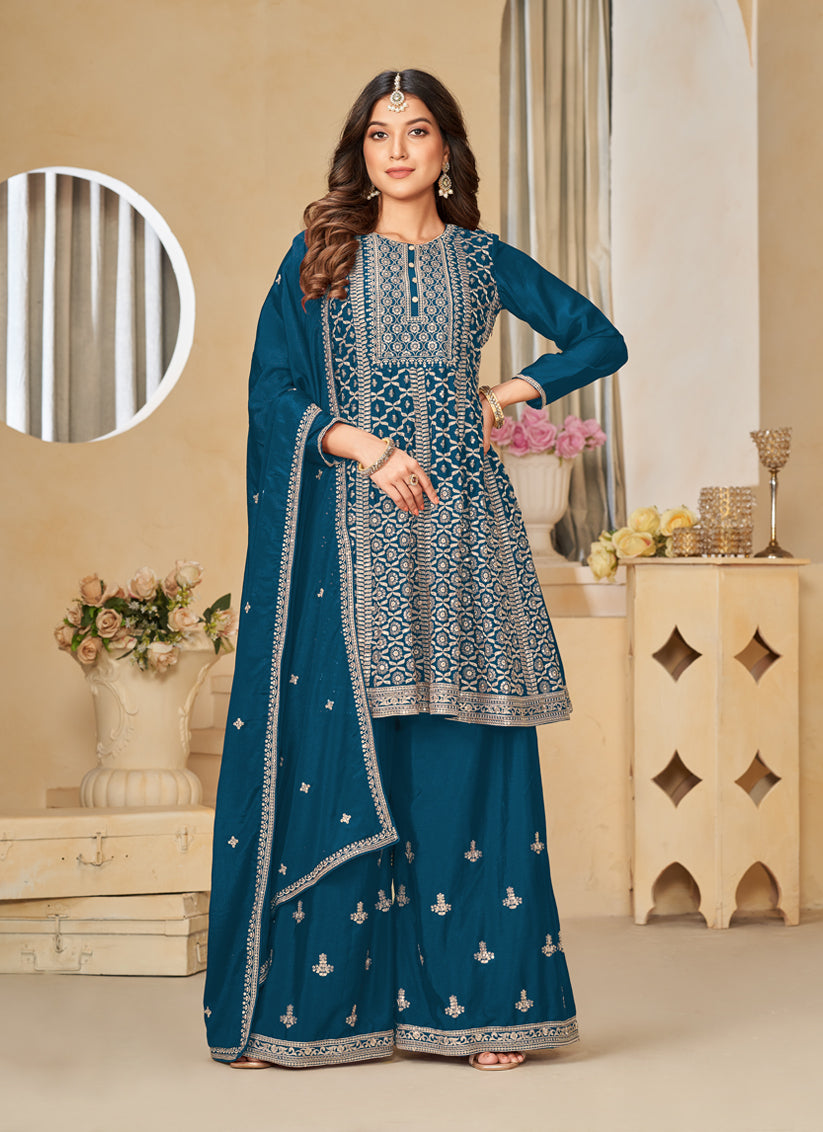 Peacock Blue Chinnon Embroidered Palazzo Kameez