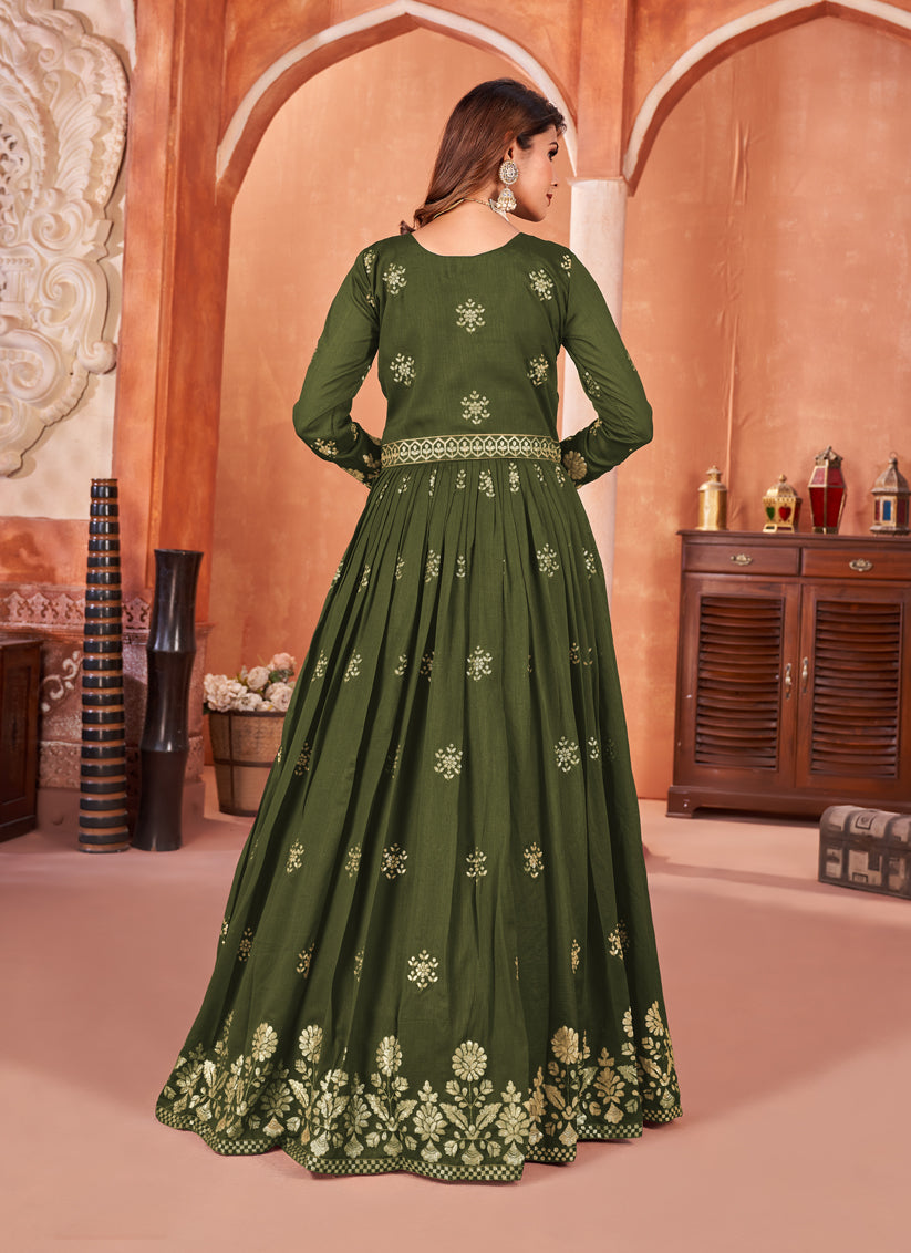 Mehendi Green Embroidered Art Silk Anarkali Dress