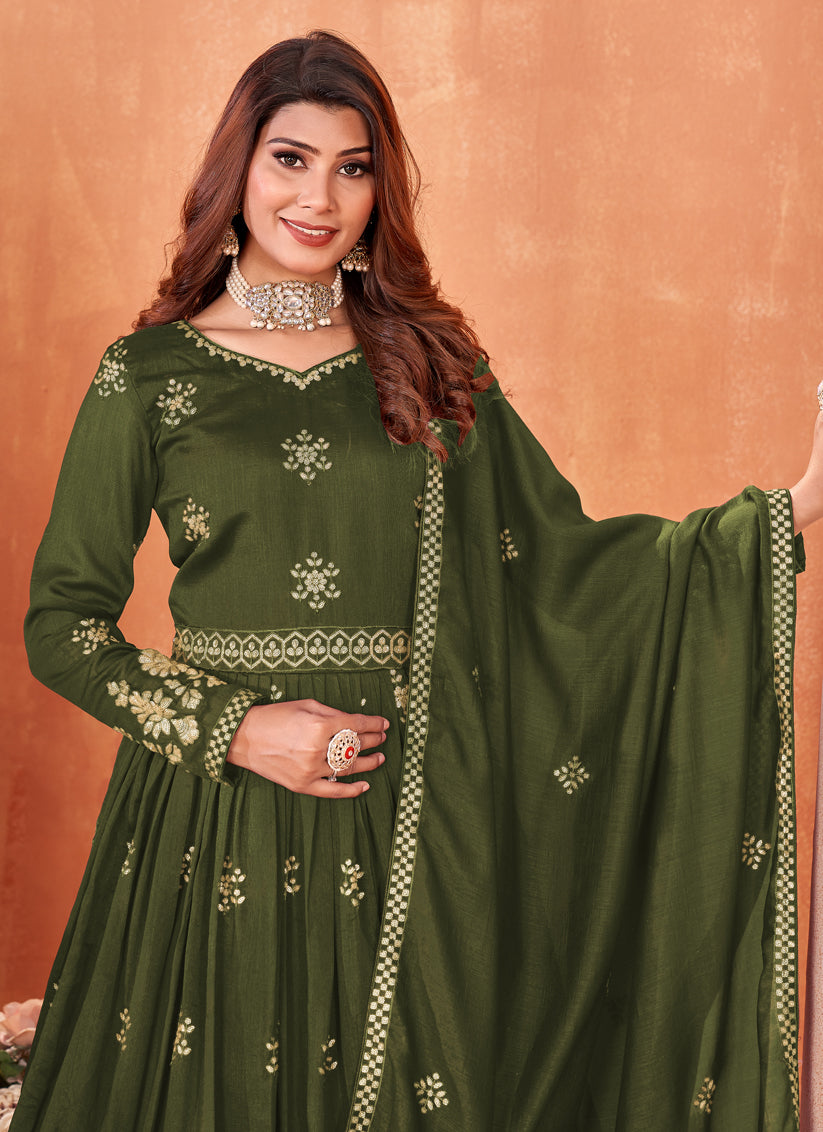 Mehendi Green Embroidered Art Silk Anarkali Dress