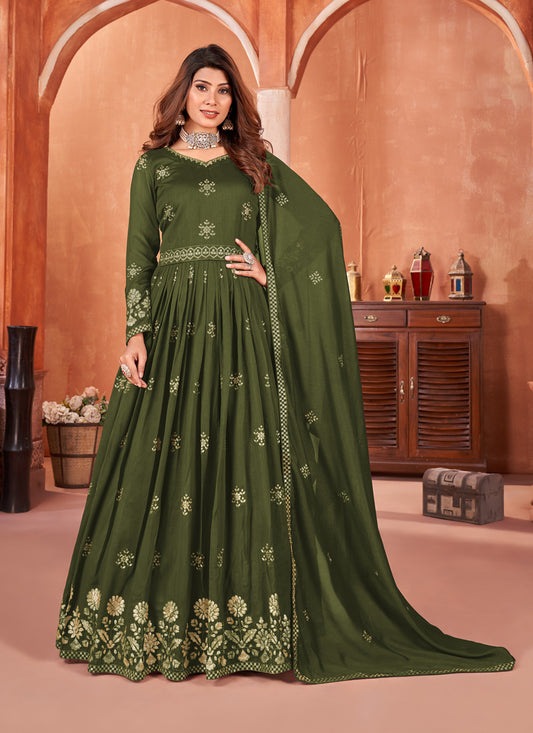 Mehendi Green Embroidered Art Silk Anarkali Dress