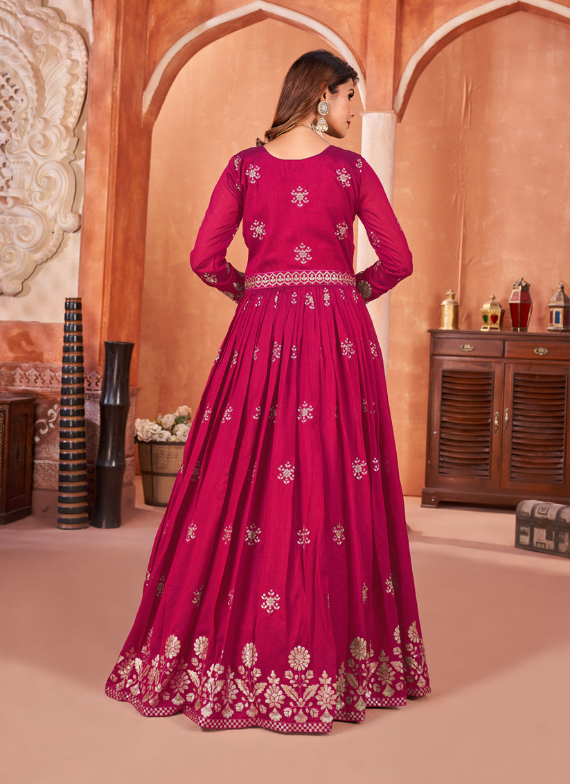 Raspberry Pink Embroidered Art Silk Anarkali Dress