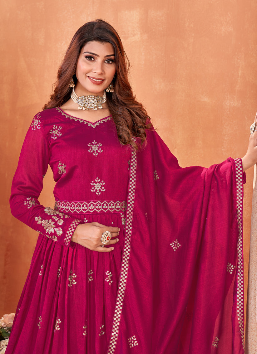 Raspberry Pink Embroidered Art Silk Anarkali Dress