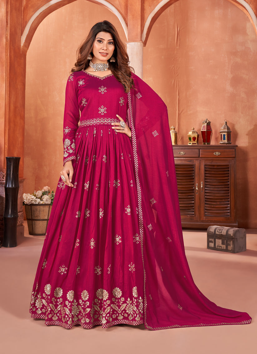 Raspberry Pink Embroidered Art Silk Anarkali Dress