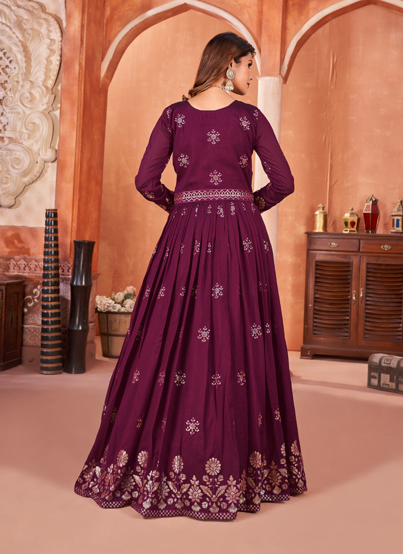 Wine Embroidered Art Silk Anarkali Dress