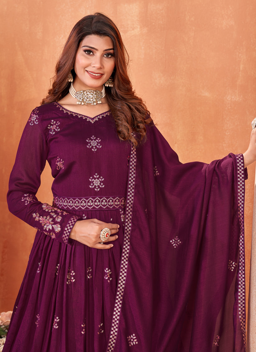 Wine Embroidered Art Silk Anarkali Dress