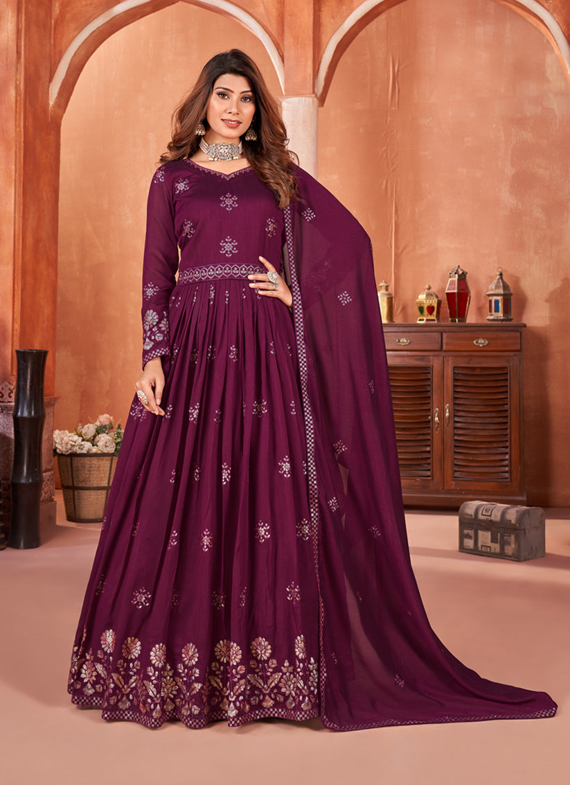 Wine Embroidered Art Silk Anarkali Dress