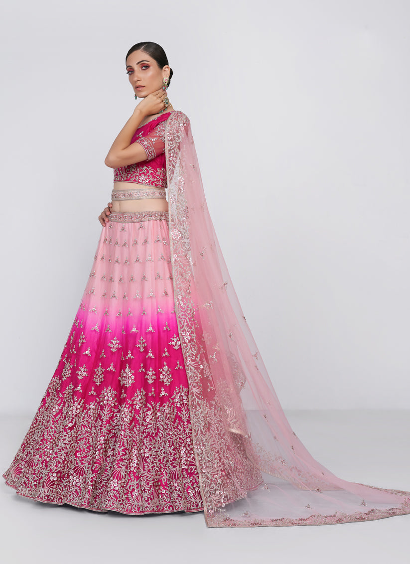 Ombre Pink Net Embroidered Bridal Lehenga Choli