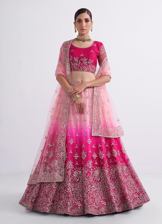 Ombre Pink Net Embroidered Bridal Lehenga Choli