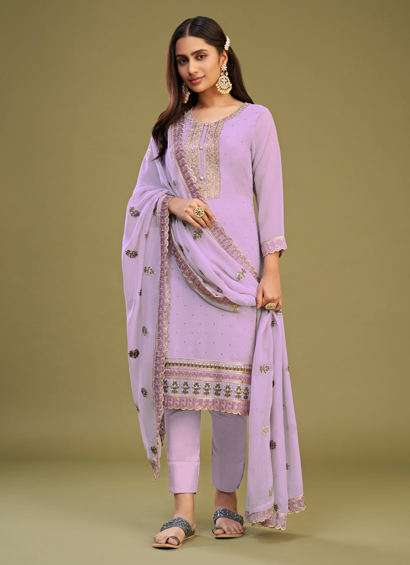 Lilac Georgette Embroidered Pant Kameez