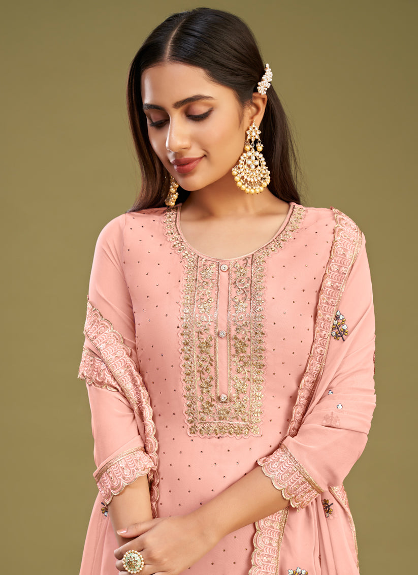 Blush Peach Georgette Embroidered Pant Kameez