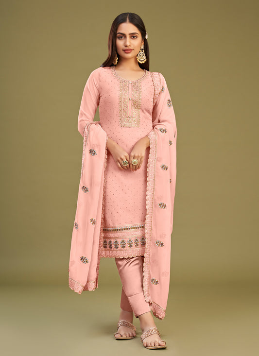 Blush Peach Georgette Embroidered Pant Kameez