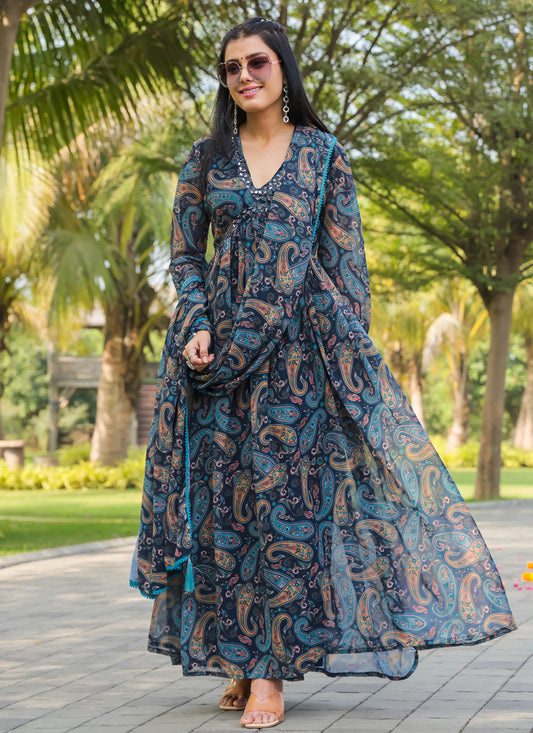 Navy Blue Faux Georgette Gown with Dupatta