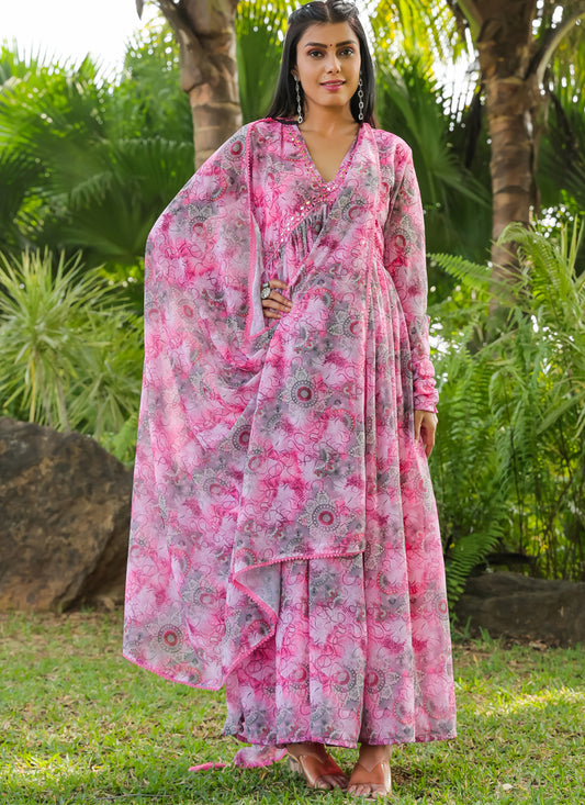 Rose Pink Faux Georgette Gown with Dupatta