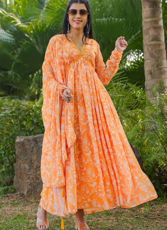 Sunset Orange Faux Georgette Gown with Dupatta