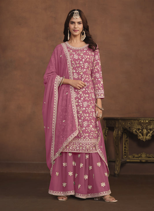 Puce Pink Faux Georgette Embroidered Palazzo Kameez