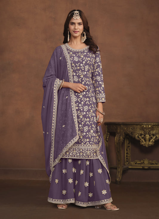 Dusty Purple Faux Georgette Embroidered Palazzo Kameez