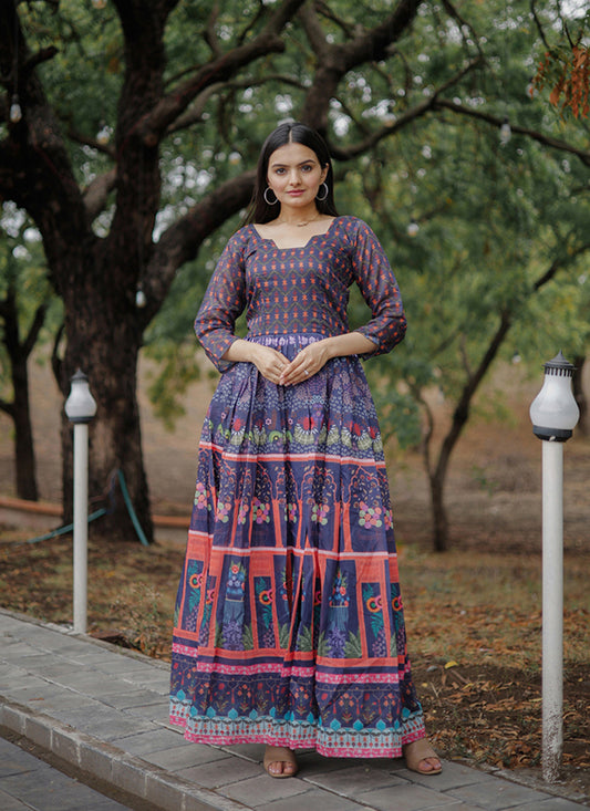 Navy Blue Pure Chanderi Flared Gown