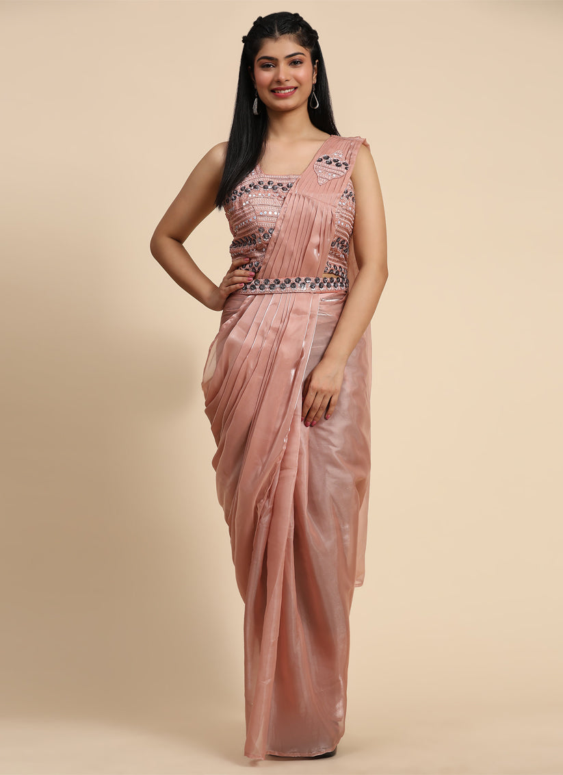 Rose Gold Organza Embellished Ready to Wear Saree