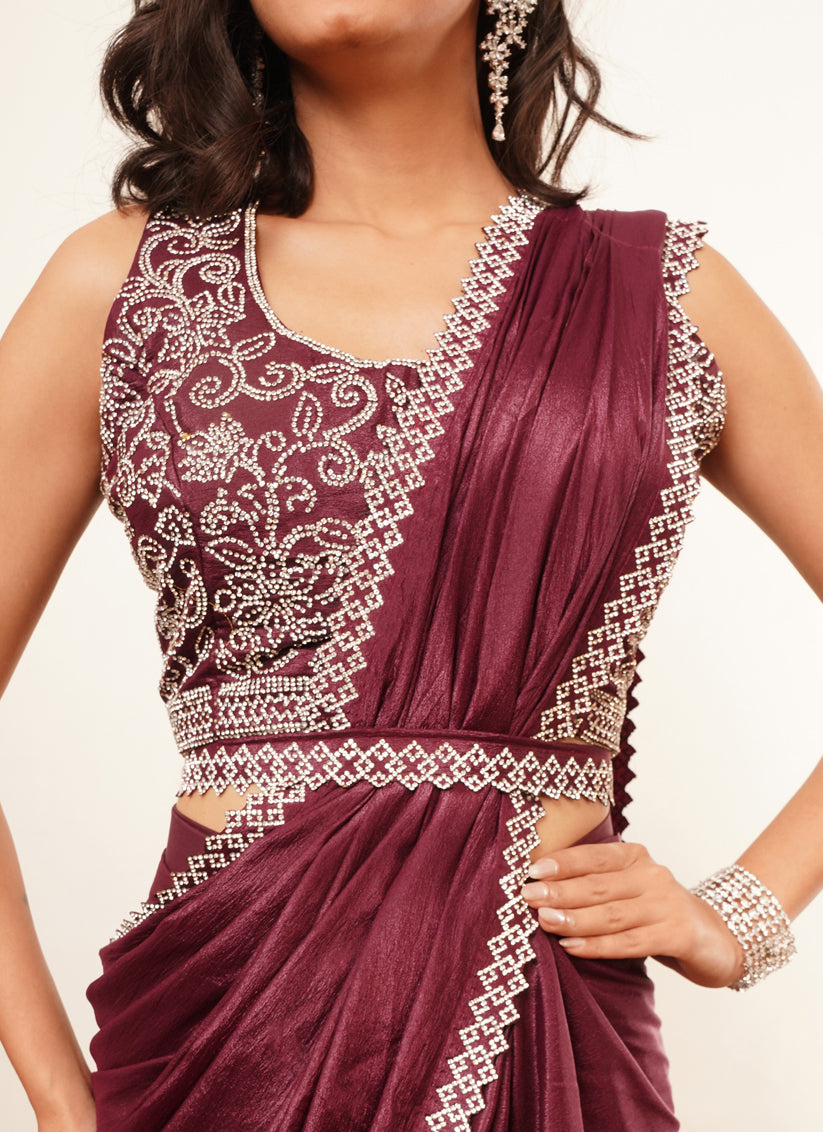 Wine Heavy Stone Work Ready to Wear Saree