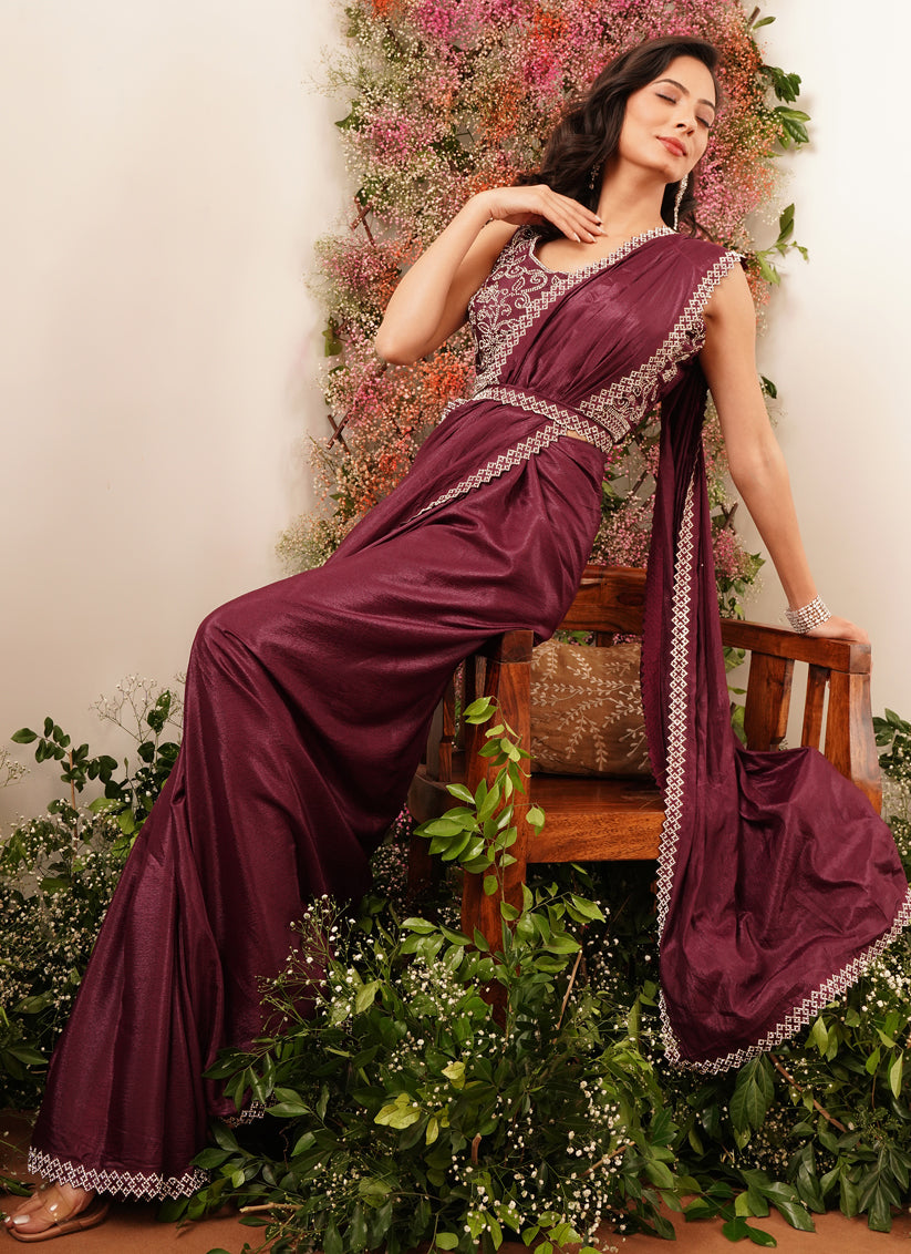 Wine Heavy Stone Work Ready to Wear Saree