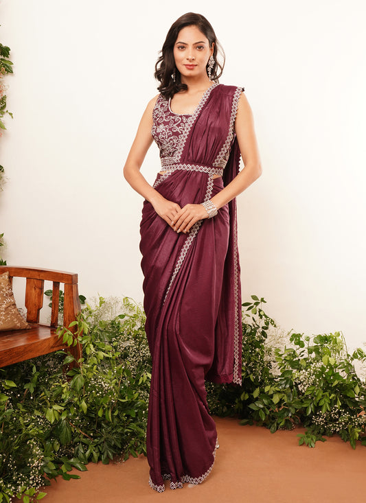 Wine Heavy Stone Work Ready to Wear Saree