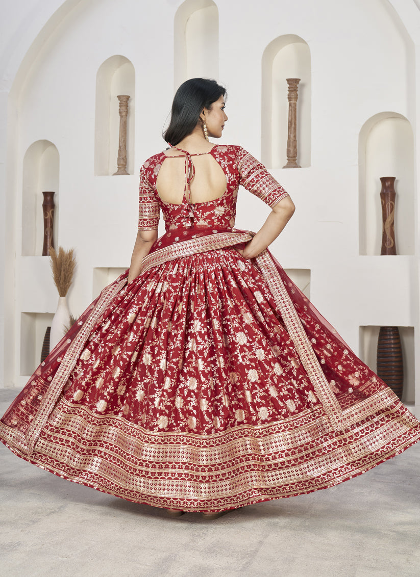 Cherry Red Dola Jacquard Lehenga Choli with Net Dupatta