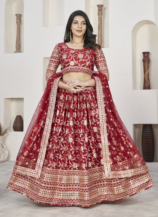 Cherry Red Dola Jacquard Lehenga Choli with Net Dupatta