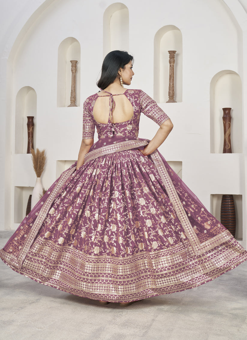 Mauve Dola Jacquard Lehenga Choli with Net Dupatta