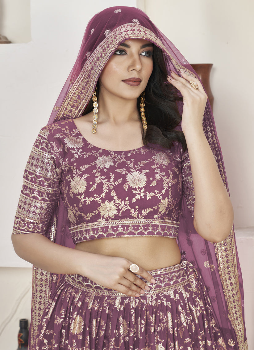 Mauve Dola Jacquard Lehenga Choli with Net Dupatta