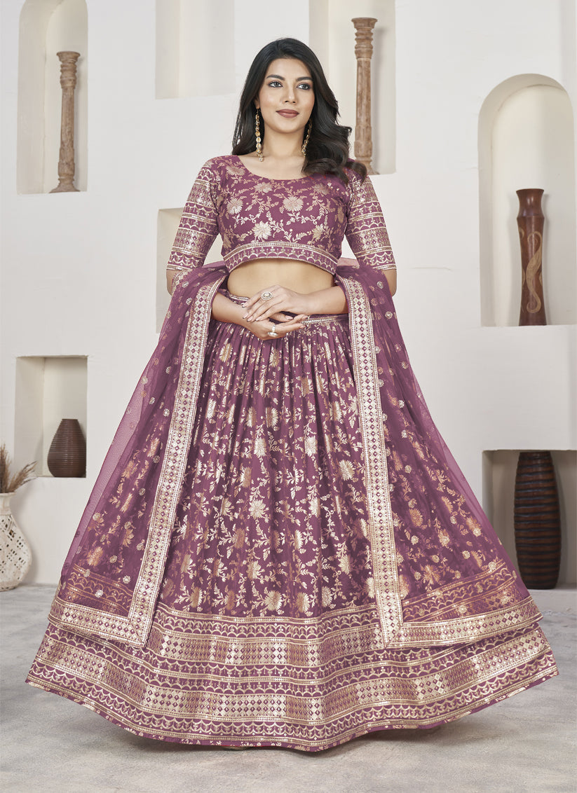 Mauve Dola Jacquard Lehenga Choli with Net Dupatta