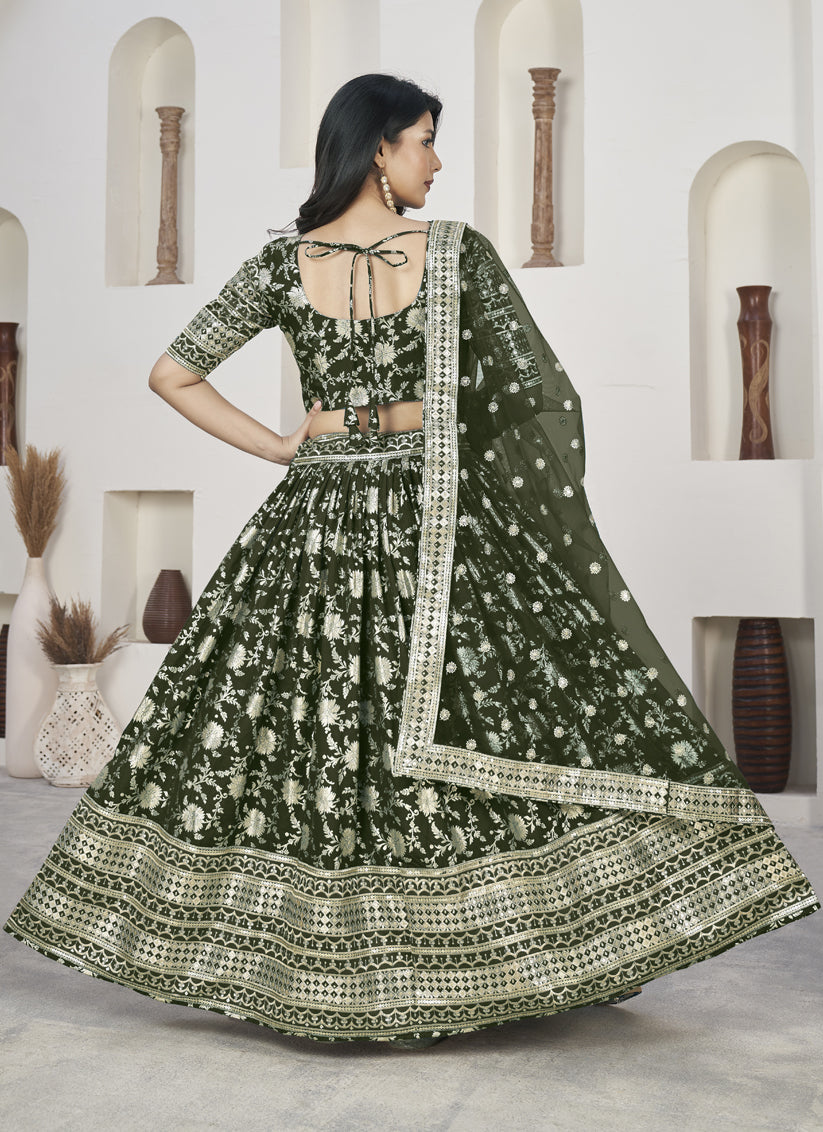 Forest Green Dola Jacquard Lehenga Choli with Net Dupatta