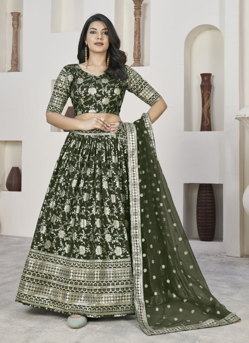 Forest Green Dola Jacquard Lehenga Choli with Net Dupatta