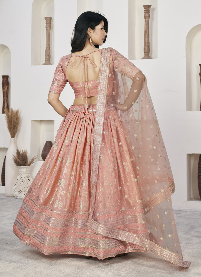 Peach Dola Jacquard Lehenga Choli with Net Dupatta